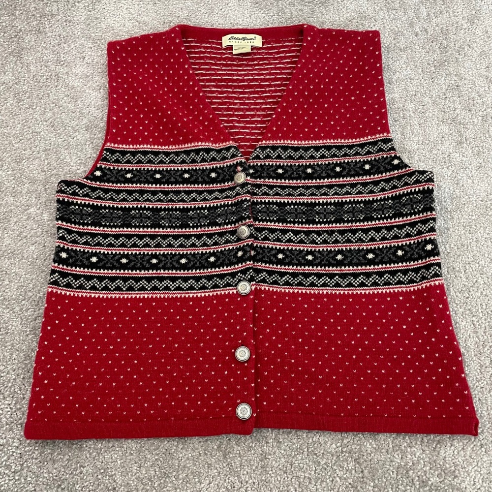 Vintage Eddie Bauer Sweater Vest Womens Medium Wool Fair Isle Nordic Red